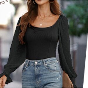 Natacata Chic Black Blouse with long Sheer Sleeves top dressy shirt NWT